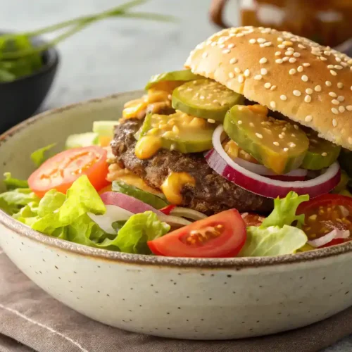 A beautifully plated Big Mac Salad, garnished and ready to eat.