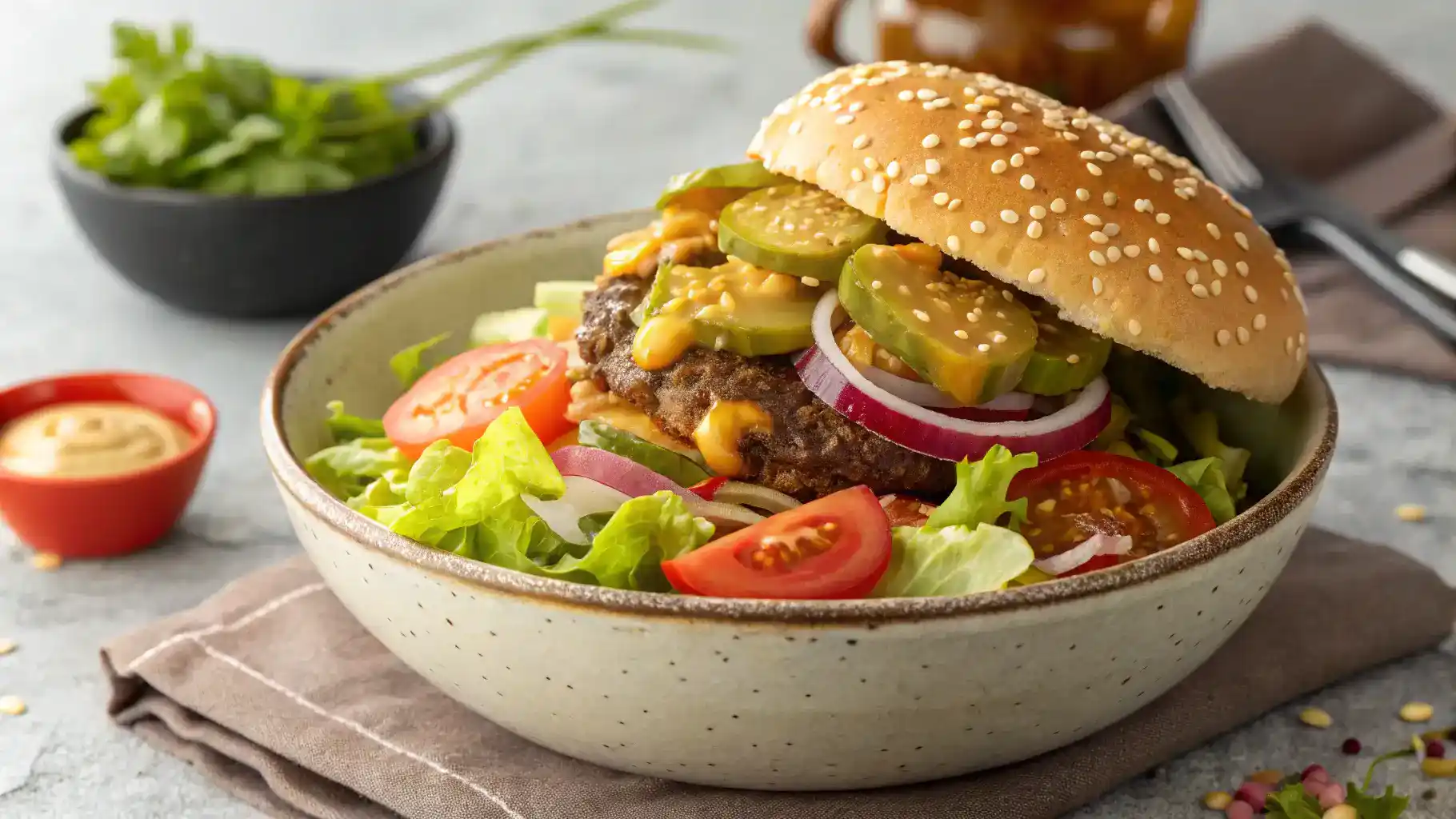 A beautifully plated Big Mac Salad, garnished and ready to eat.
