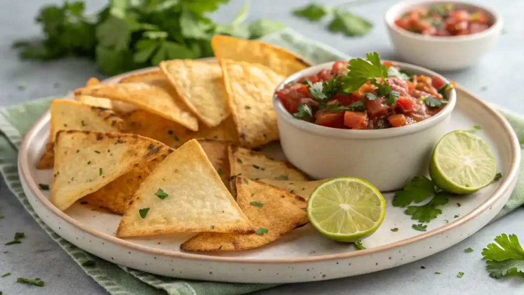 A plate of golden, crispy cottage cheese chips served with salsa and garnished with fresh herbs.