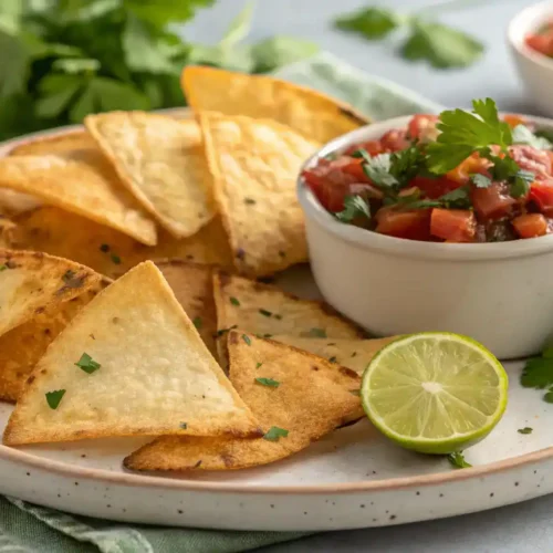 A plate of golden, crispy cottage cheese chips served with salsa and garnished with fresh herbs.