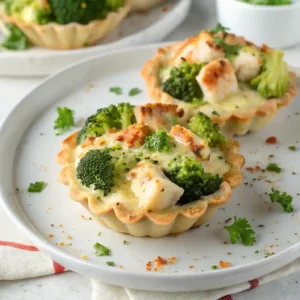 A beautifully plated dish of Coquilles de brocoli au poulet au fromag, garnished and ready to serve.