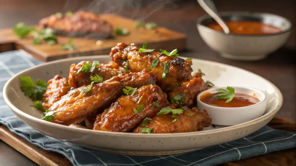 A plate of hot honey wings garnished with fresh herbs and served with dipping sauce.