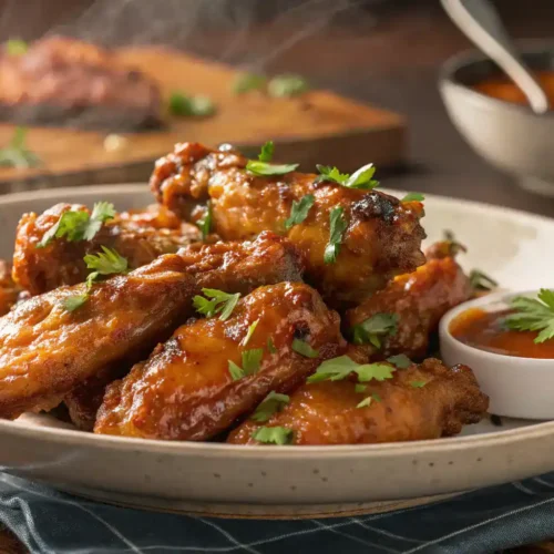 A plate of hot honey wings garnished with fresh herbs and served with dipping sauce.