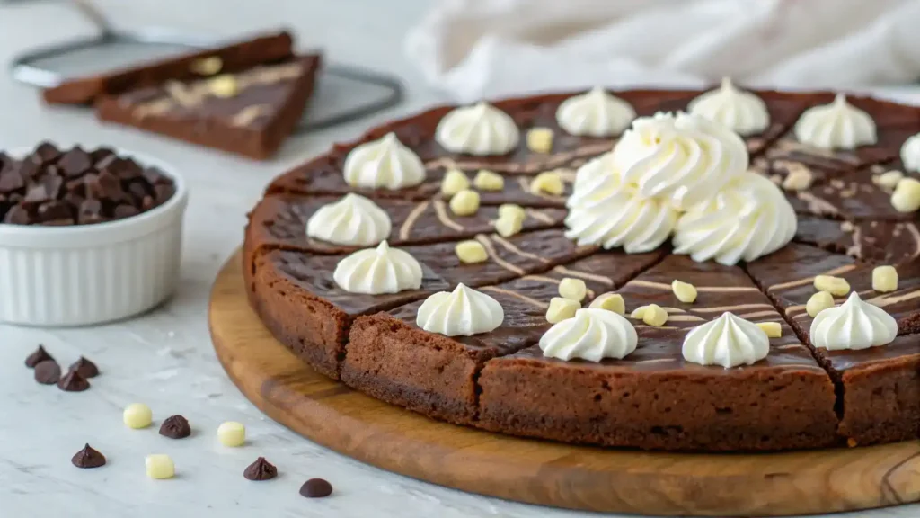 Freshly baked White Chocolate Brownie Pizza topped with white chocolate chips and whipped cream.