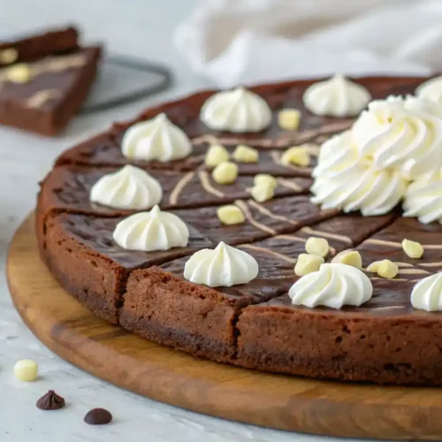 Freshly baked White Chocolate Brownie Pizza topped with white chocolate chips and whipped cream.