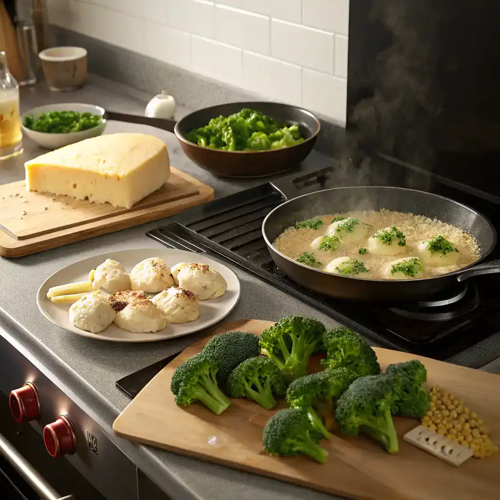 Step-by-step process of making Coquilles de brocoli au poulet au fromag, including preheating the oven and preparing ingredients.