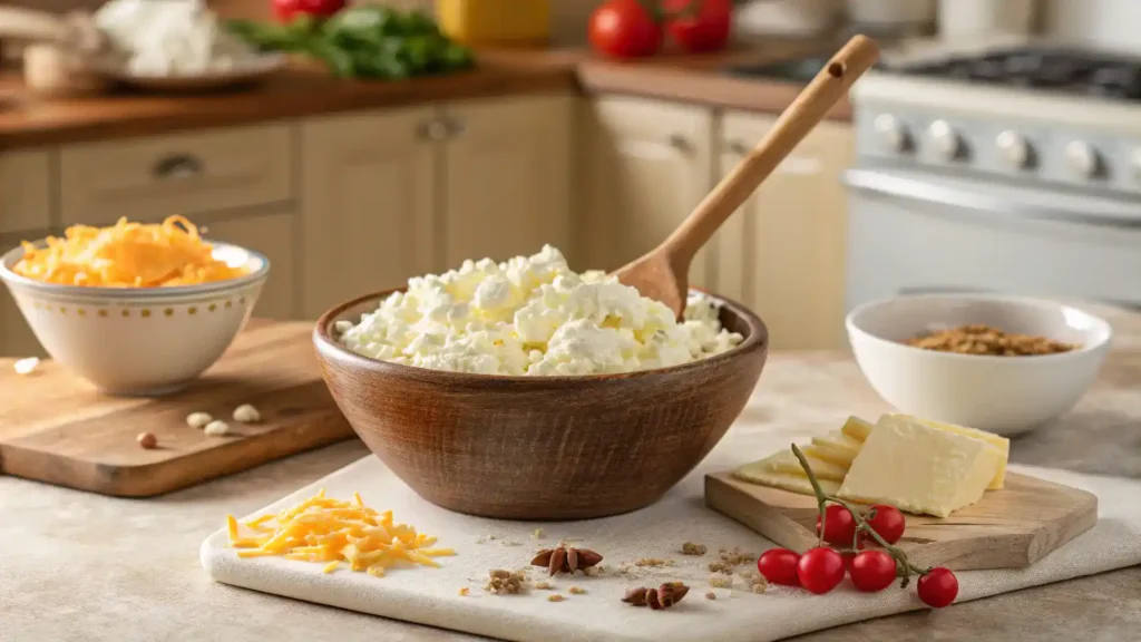 A mixing bowl filled with cottage cheese, shredded cheese, garlic powder, and onion powder, ready to be made into chips.