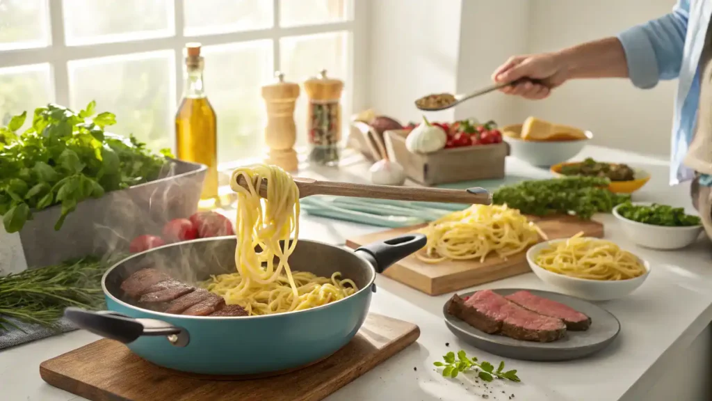 Step-by-step process of making Garlic Butter Steak Lightning Noodles with ingredients laid out.