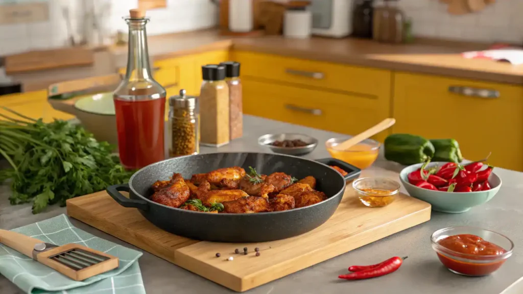 A step-by-step preparation of hot honey wings, featuring ingredients like chicken wings, honey, and spices.