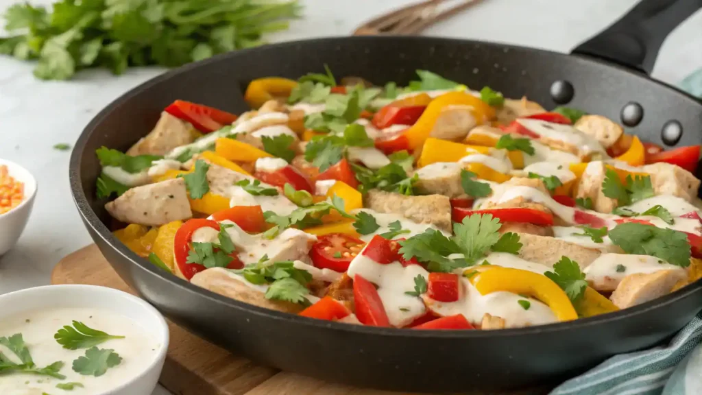 A vibrant Jamaican Me Crazy dish in a skillet, featuring colorful chicken and vegetables.