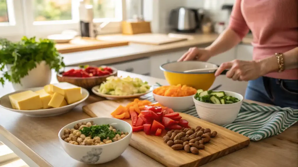 A step-by-step guide to making keto-friendly snacks with fresh ingredients in a cozy kitchen.