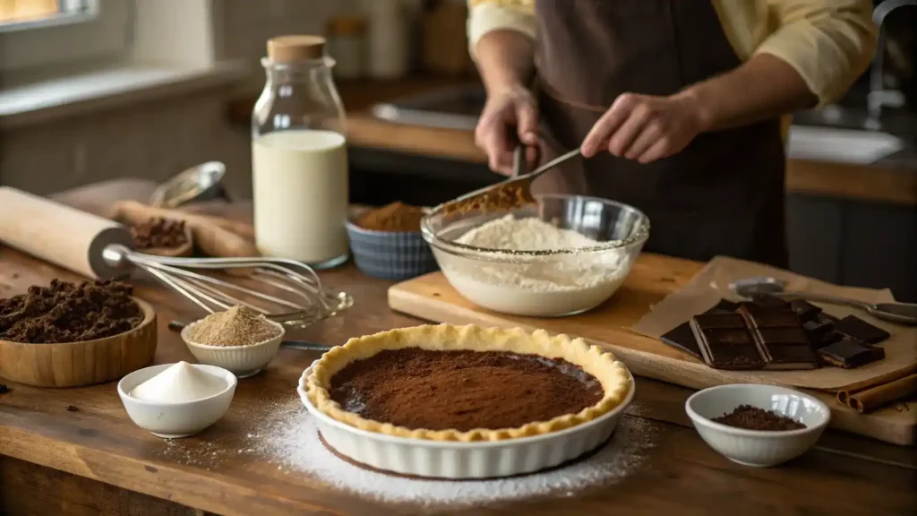 Ingredients and steps for making Old Fashioned Chocolate Pie displayed in a kitchen.