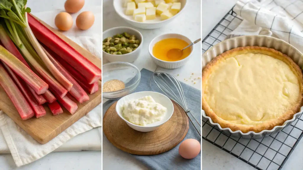 Step-by-step process of making rhubarb cheesecake, including fresh rhubarb and mixing ingredients.