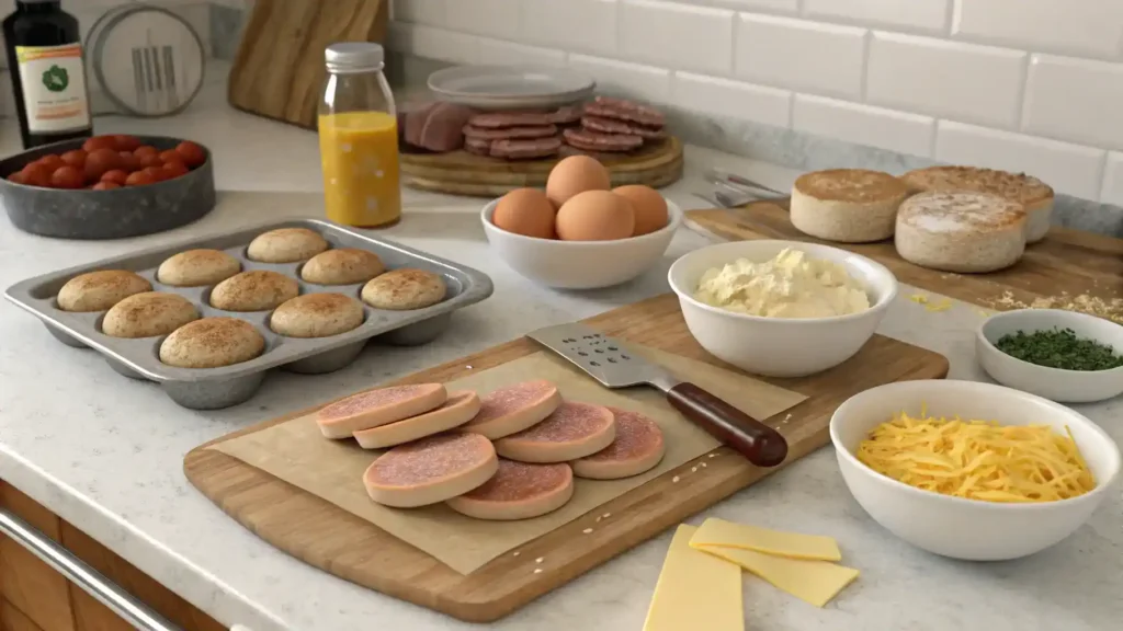 Ingredients and steps for making sausage and egg muffins displayed on a kitchen counter.