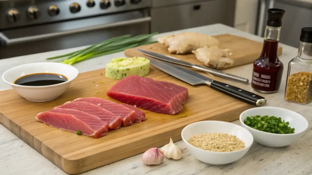 Ingredients and preparation steps for seared ahi tuna, including fresh ahi tuna steaks and marinade ingredients.