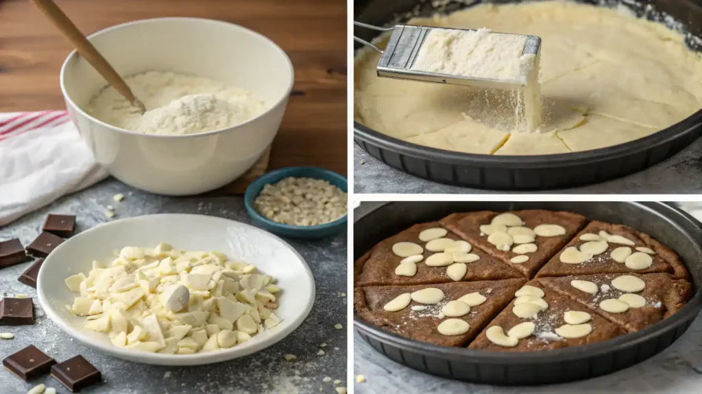 Step-by-step process of making White Chocolate Brownie Pizza, including mixing ingredients and baking.