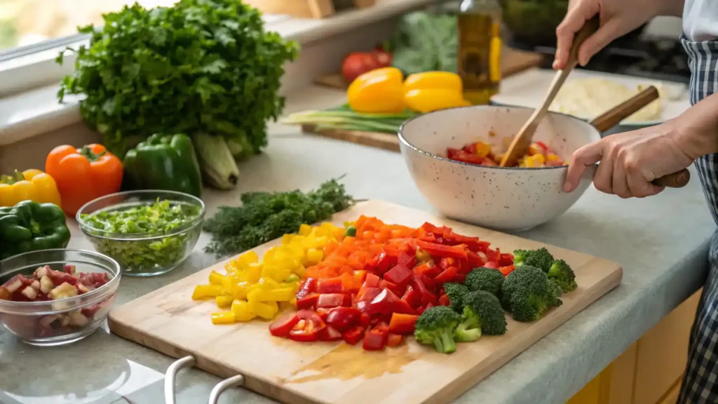 A vibrant kitchen scene with chopped vegetables and a mixing bowl for a dinner recipe.