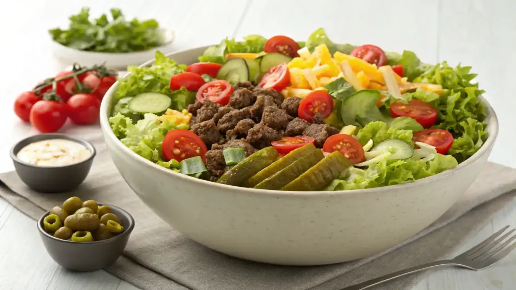 A vibrant Big Mac Salad with fresh ingredients in a large bowl, ready to be served.