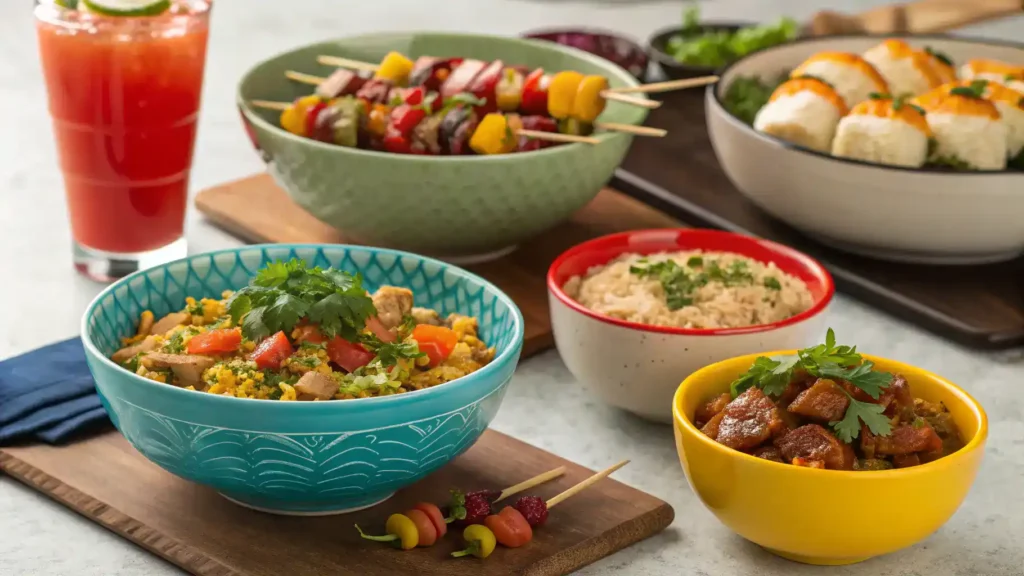 A beautifully set dining table with vibrant bowls of dynamic dishes and garnishes.
