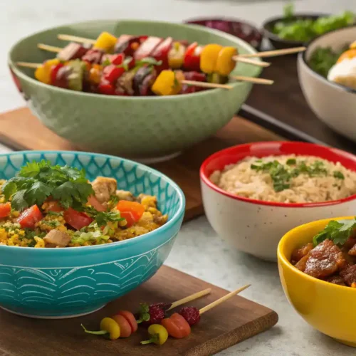 A beautifully set dining table with vibrant bowls of dynamic dishes and garnishes.