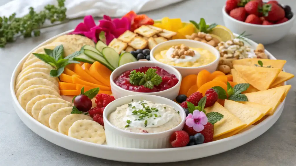 Cottage cheese chips served with various dips and toppings on a colorful platter.