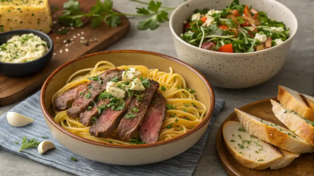 A delicious plate of Garlic Butter Steak Lightning Noodles garnished with green onions.