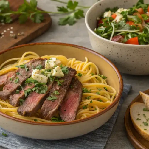 A delicious plate of Garlic Butter Steak Lightning Noodles garnished with green onions.