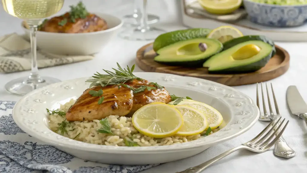 Serving suggestions for Poulet au miel et au citron vert et pile de riz à l'avocat.