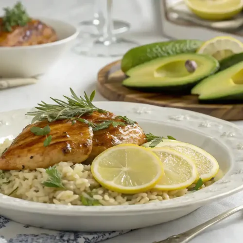 Serving suggestions for Poulet au miel et au citron vert et pile de riz Ă l'avocat.