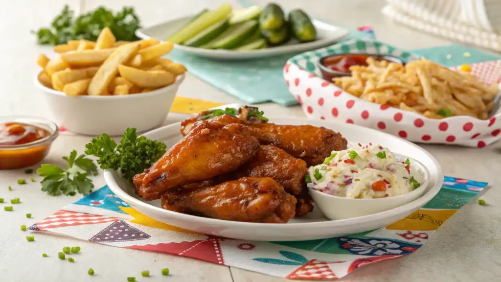 Hot honey wings served with sides like celery sticks and dipping sauces.