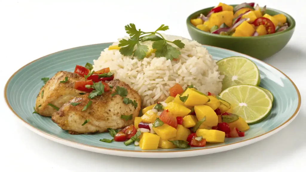 Serving suggestions for Jamaican Me Crazy with rice and garnishes.