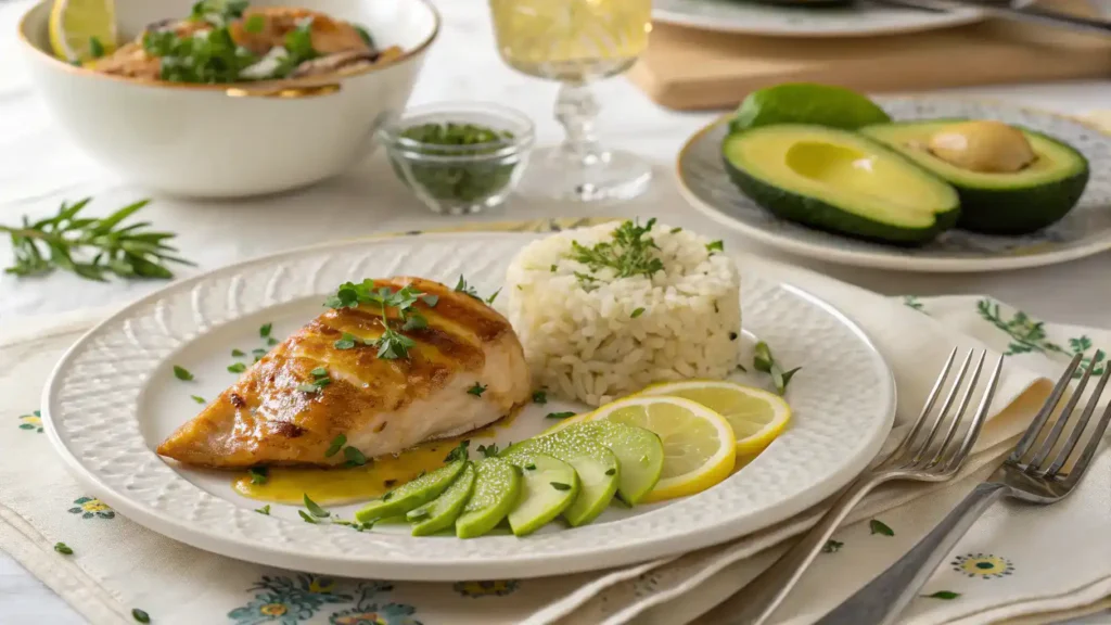 Serving suggestions for Poulet au miel et au citron vert et pile de riz Ă l'avocat.