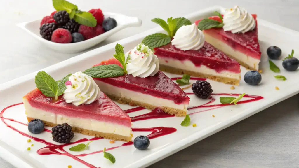 Serving suggestions for rhubarb cheesecake with whipped cream and berries.