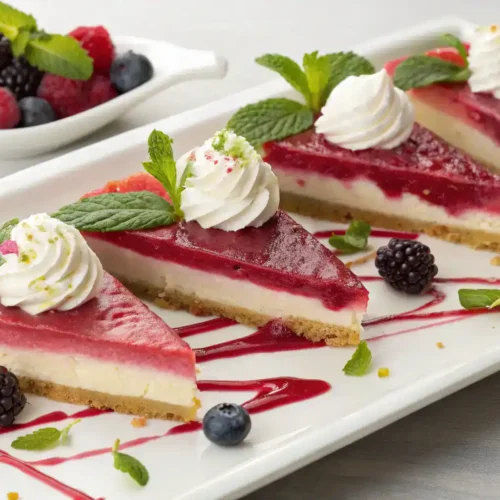 Serving suggestions for rhubarb cheesecake with whipped cream and berries.