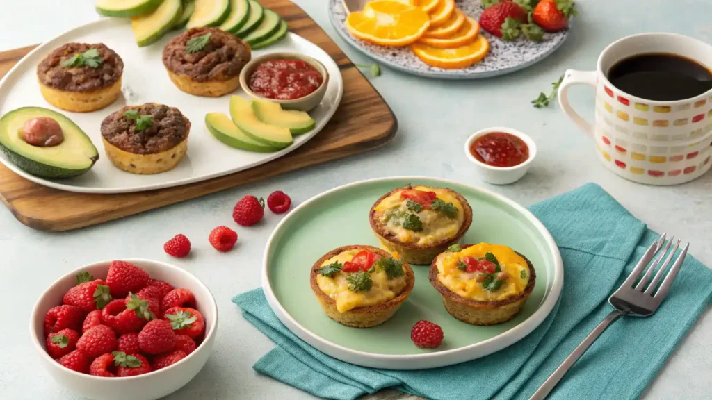 Serving suggestions for sausage and egg muffins with various toppings.