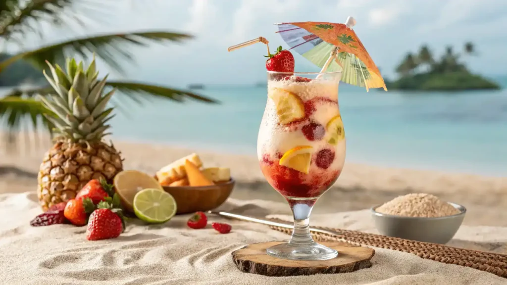 Lava Flow drink served in a hurricane glass with tropical garnishes.