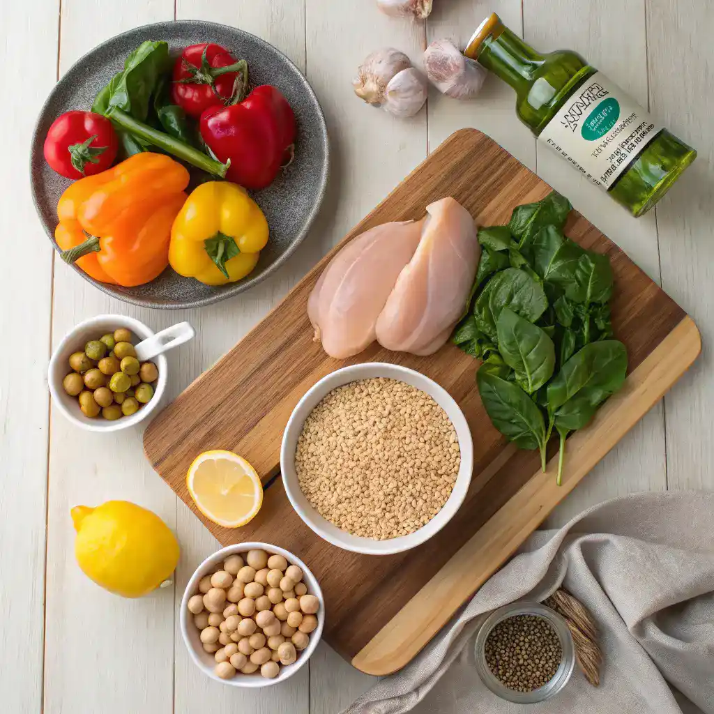 A beautifully arranged set of ingredients for a recipe including chicken breast, quinoa, and fresh vegetables.