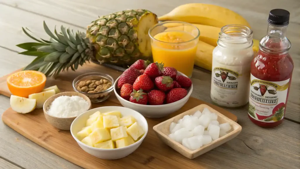 Ingredients Generate a realistic and detailed image of the ingredients for a Lava Flow recipe, including frozen strawberries, banana, coconut cream, pineapple juice, orange juice, ice, and honey, arranged aesthetically on a wooden table.