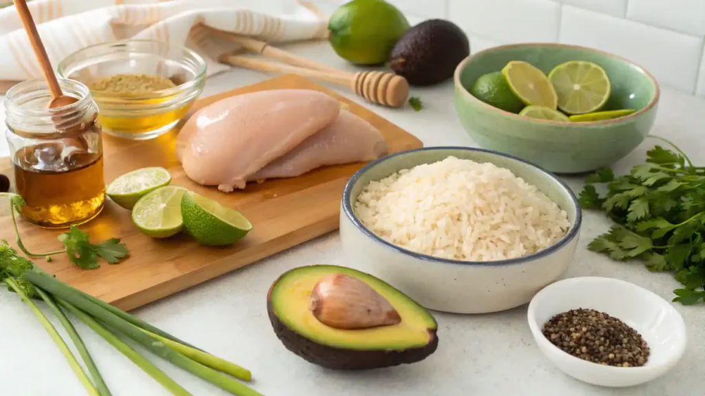 Ingredients for Poulet au miel et au citron vert et pile de riz Ă l'avocat.