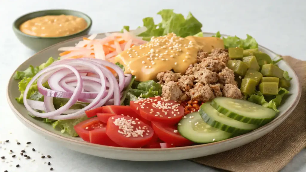 Ingredients for Big Mac Salad displayed on a wooden cutting board.
