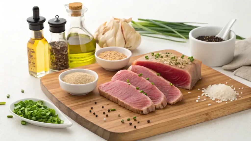 Ingredients for seared ahi tuna displayed on a wooden cutting board.