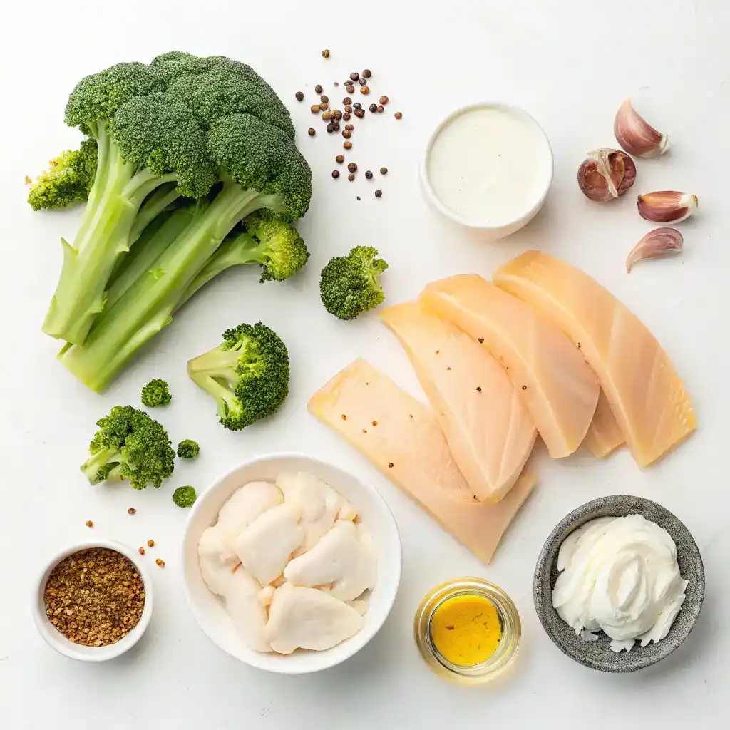 Ingredients for Coquilles de brocoli au poulet au fromag displayed on a kitchen counter.