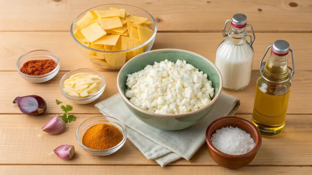 Ingredients for cottage cheese chips including cottage cheese, cheddar cheese, garlic powder, onion powder, salt, paprika, and olive oil.