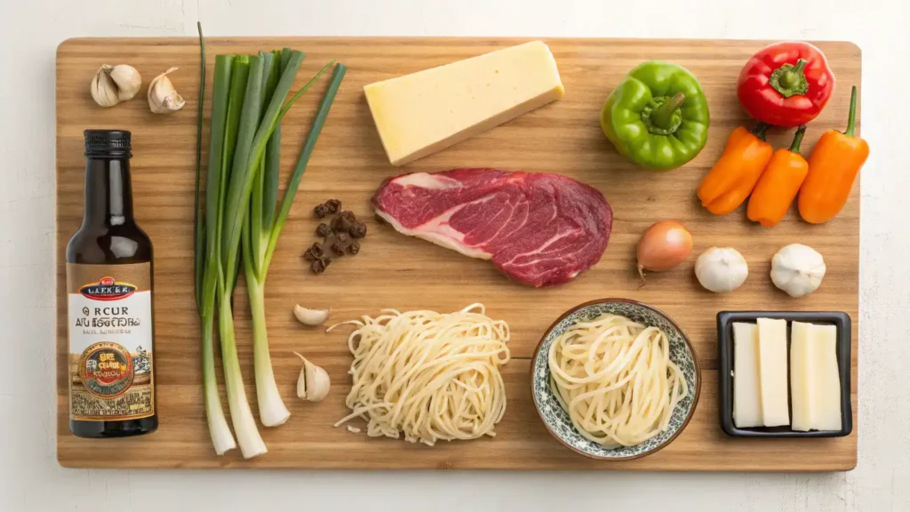 Ingredients for Garlic Butter Steak Lightning Noodles displayed on a wooden countertop.