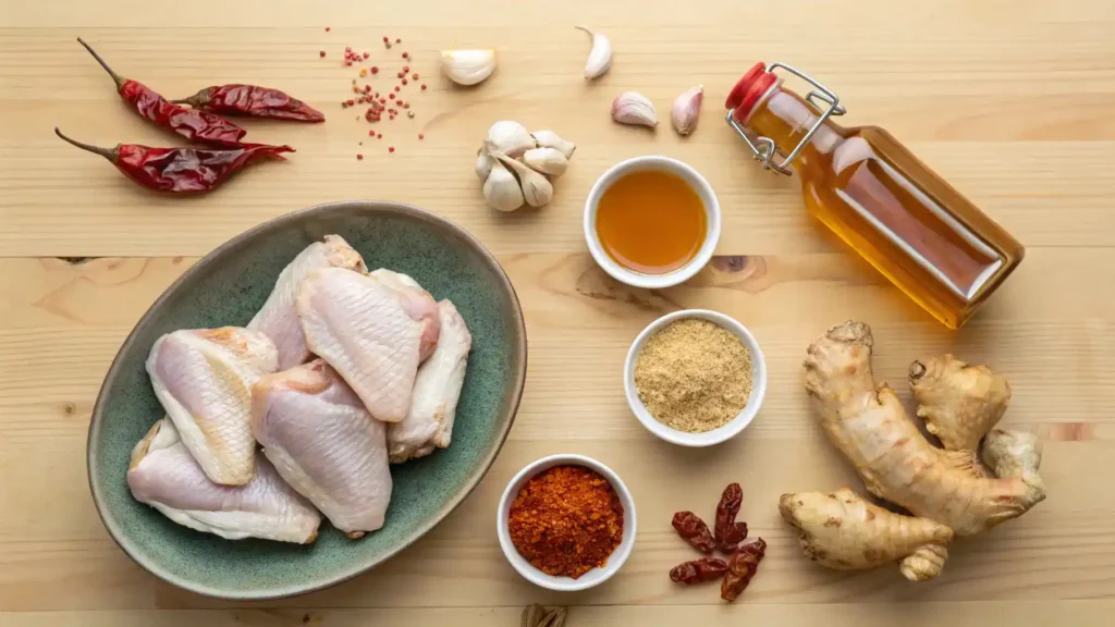 Ingredients for hot honey wings including chicken wings, honey, hot sauce, and spices.