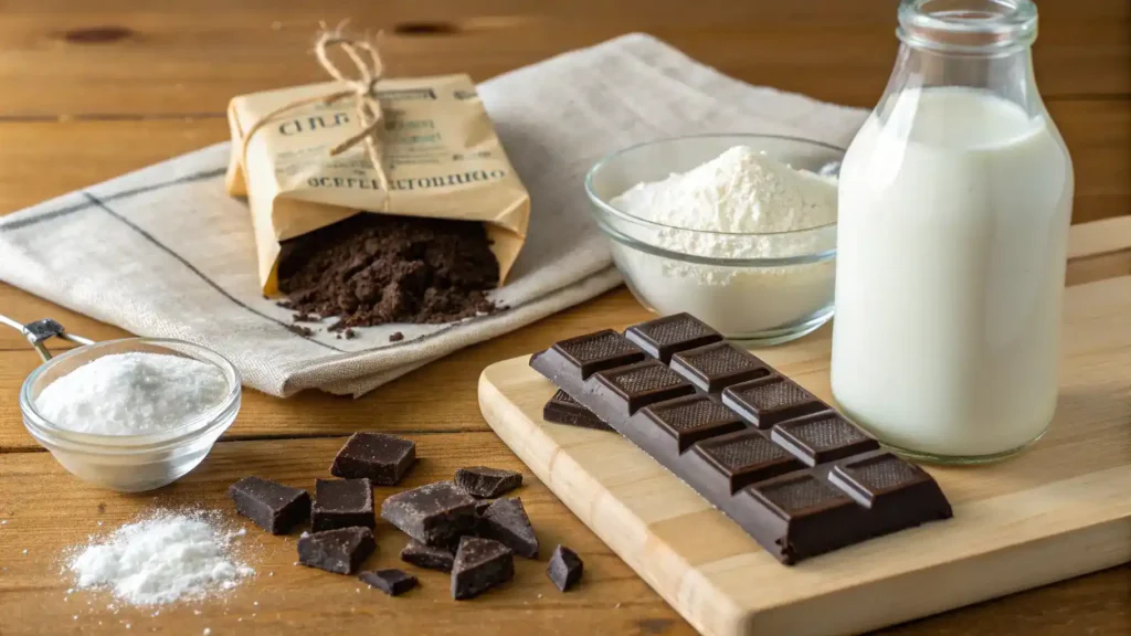 Ingredients for Old Fashioned Chocolate Pie arranged on a wooden table.