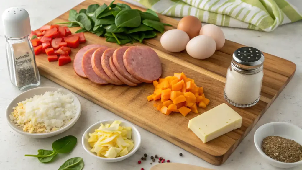 Ingredients for sausage and egg muffins arranged on a wooden cutting board.