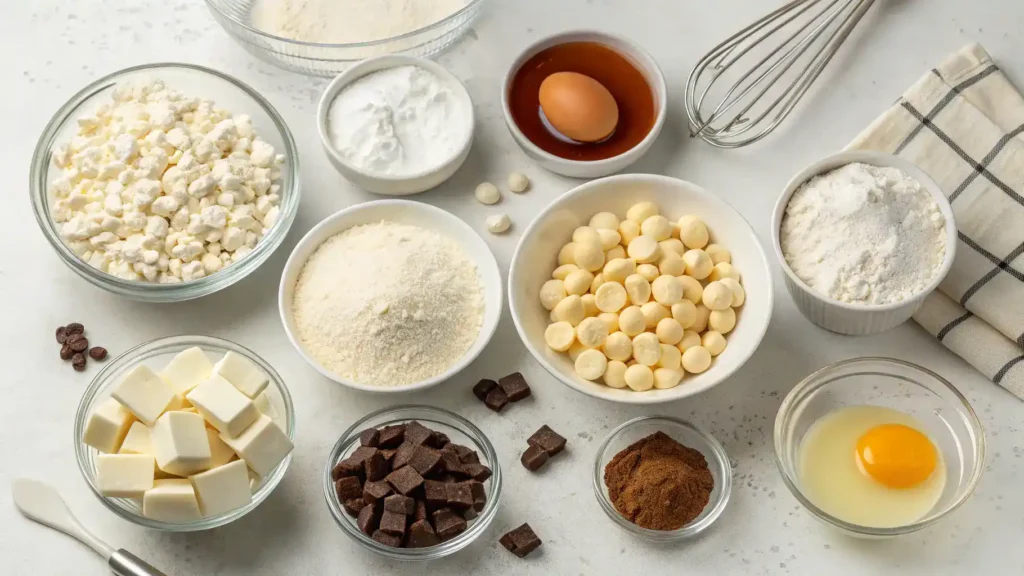 Ingredients for White Chocolate Brownie Pizza including white chocolate, brownie mix, eggs, and more.