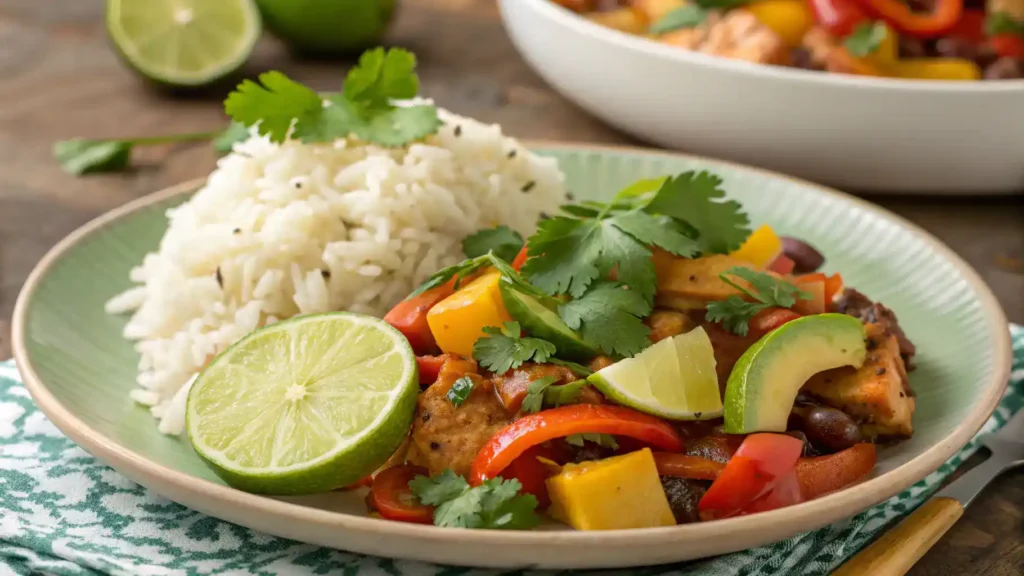 A beautifully plated Jamaican Me Crazy dish with rice and garnishes.