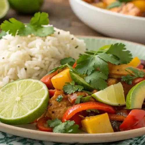 A beautifully plated Jamaican Me Crazy dish with rice and garnishes.